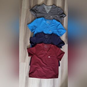 Figs Scrub Tops in Burgundy, Navy, Blue, and Gray 4 Pieces Bundle
